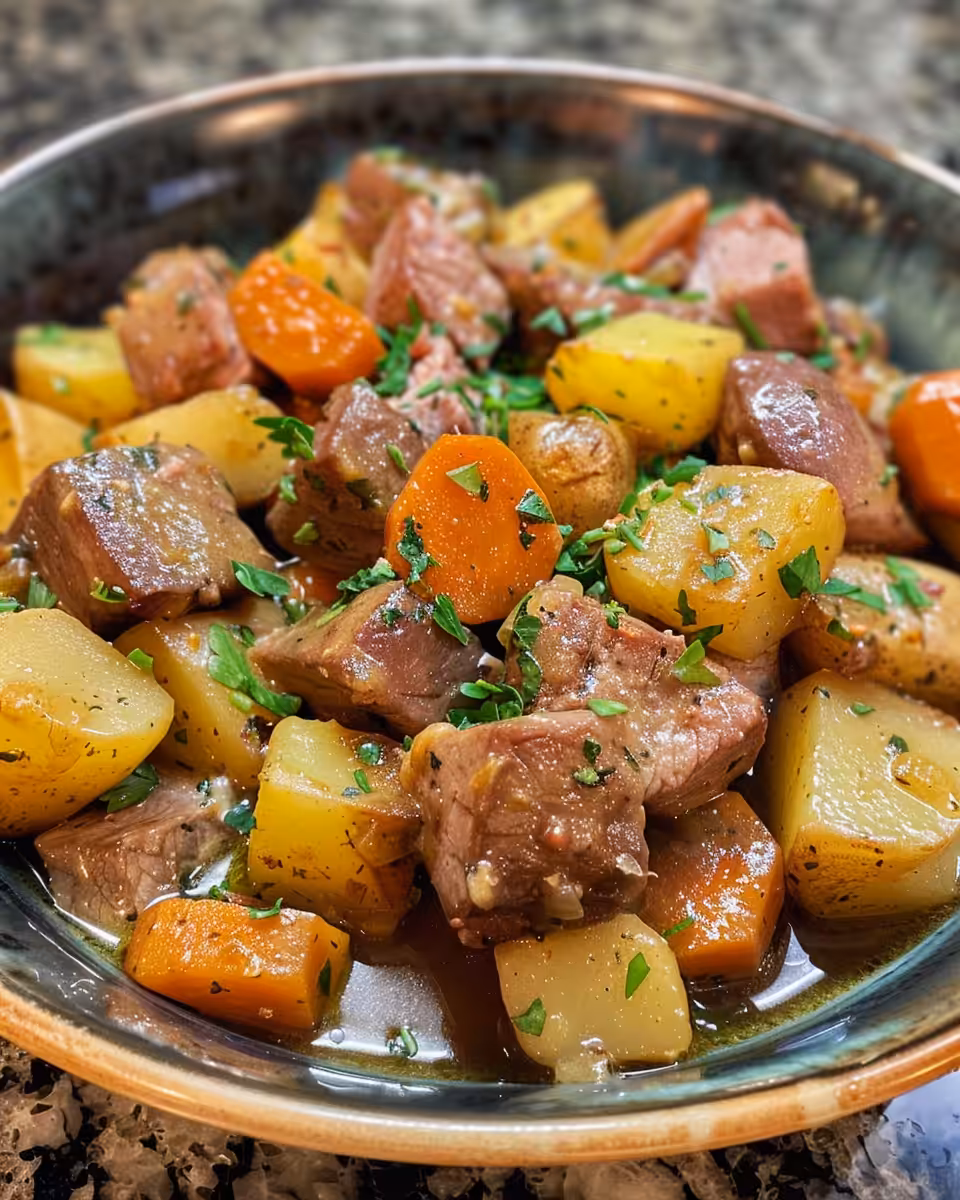 Plated Dublin Coddle stew served warmly with fresh parsley garnish