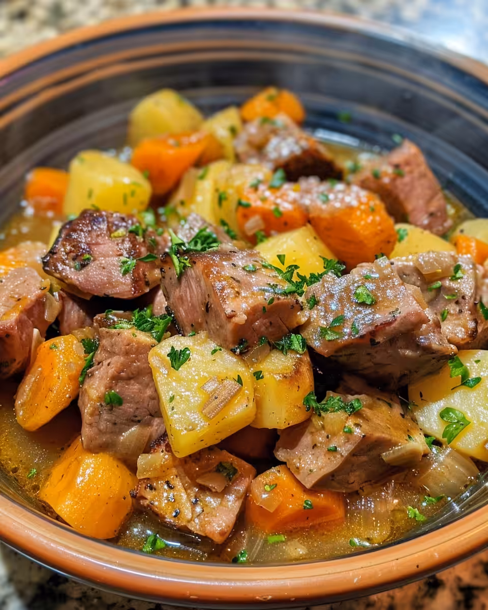 Close up of Dublin Coddle simmering in a pressure cooker with bubbling broth