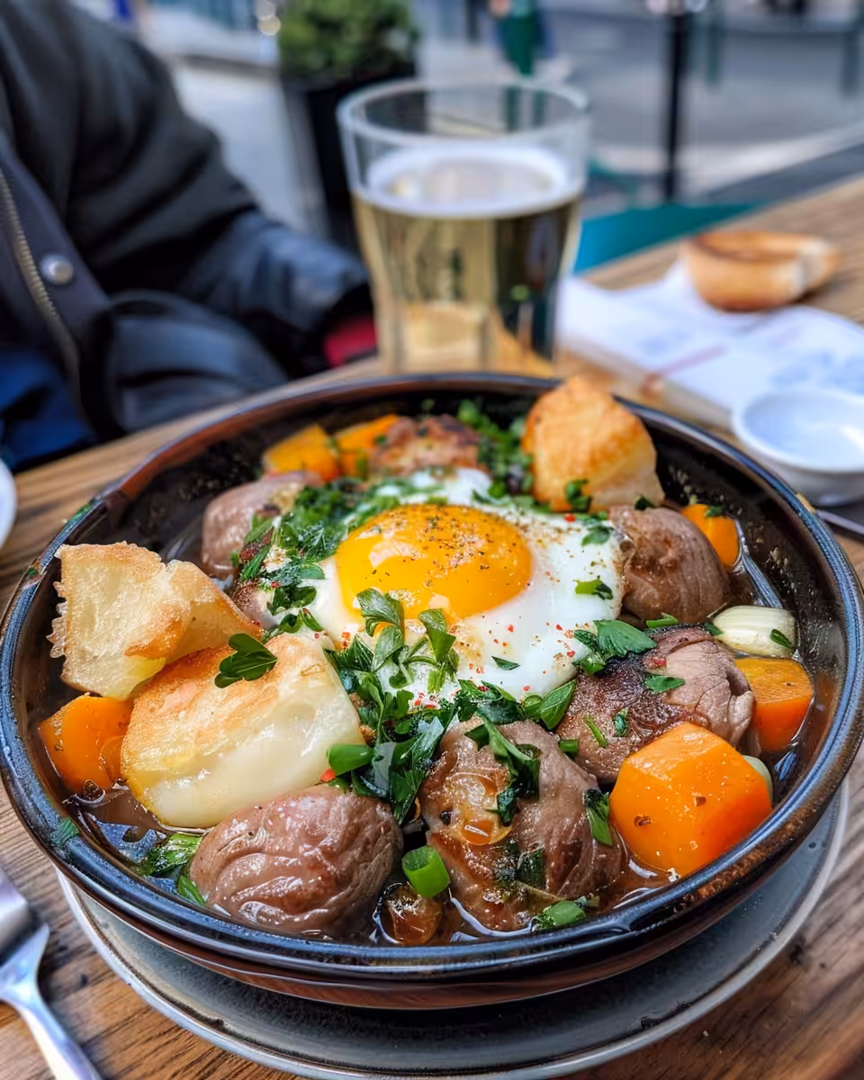 Ingredients assembled for traditional Irish stew with potatoes and sausages