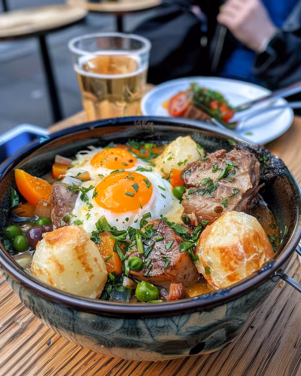 Serving of traditional Irish stew with parsley garnish ready to enjoy