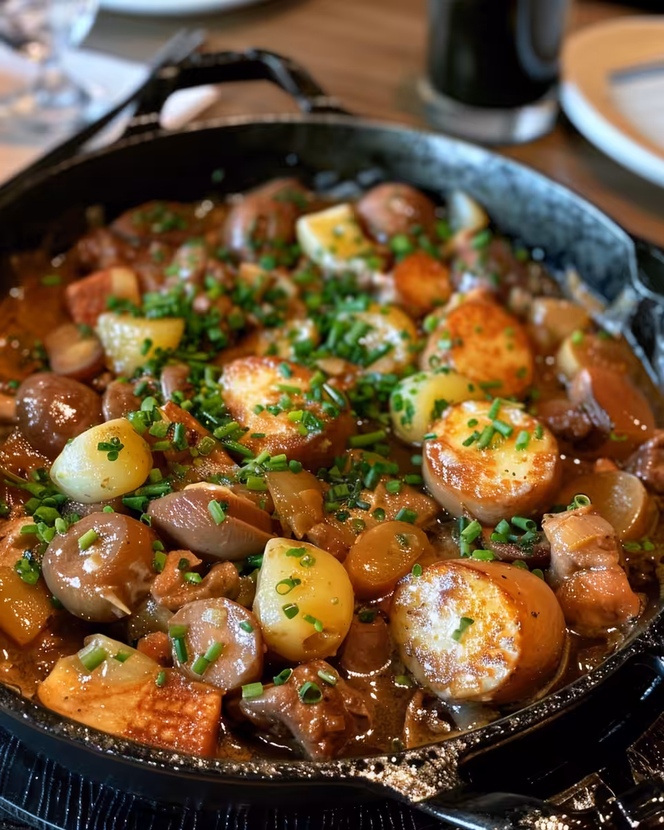 Close up of hearty Dublin Coddle simmering in pressure cooker