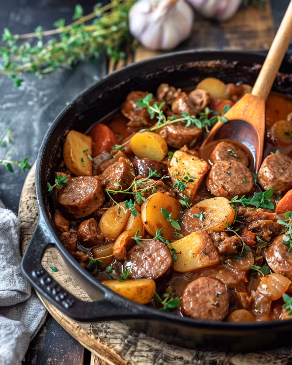 Final plated Dublin Coddle, traditional Irish sausage and potato stew ready to eat