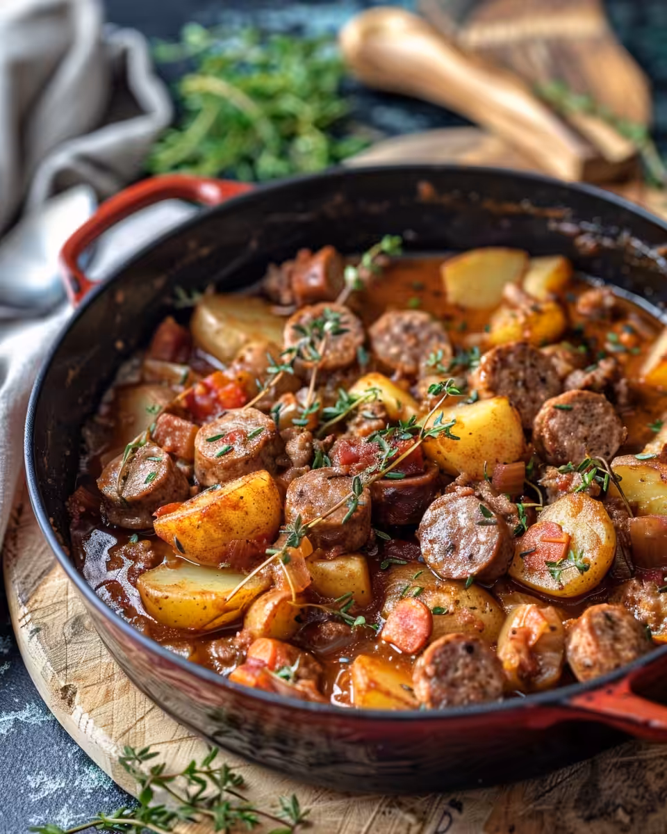 Steam rising from traditional Irish Dublin Coddle sausage and potato stew