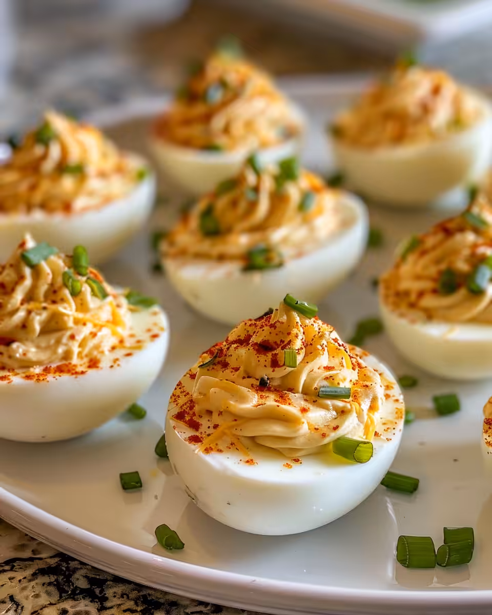 Close up of Easter Bunny Deviled Eggs beautifully decorated and ready to eat
