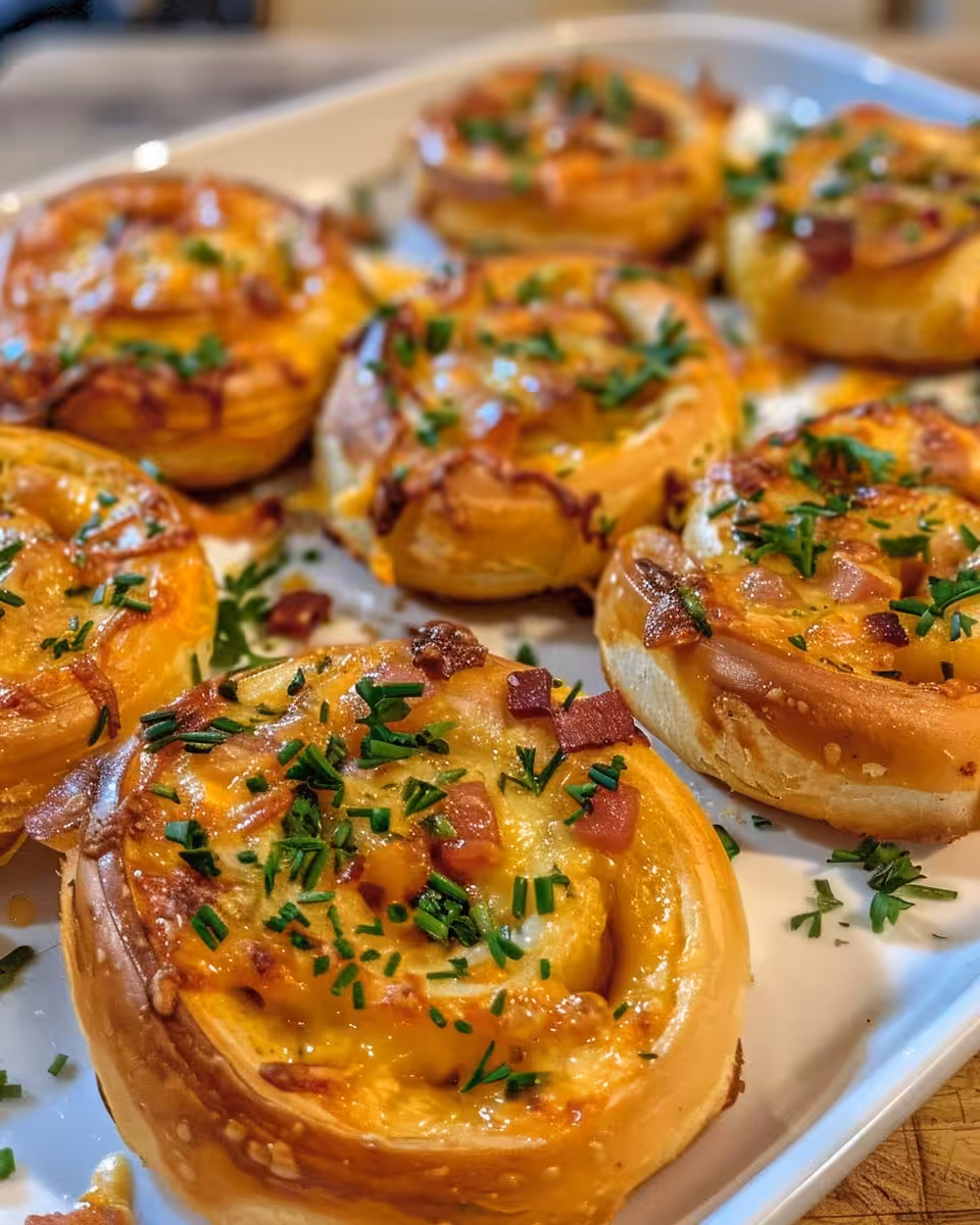Close up of warm ham and cheddar pinwheels ready to eat