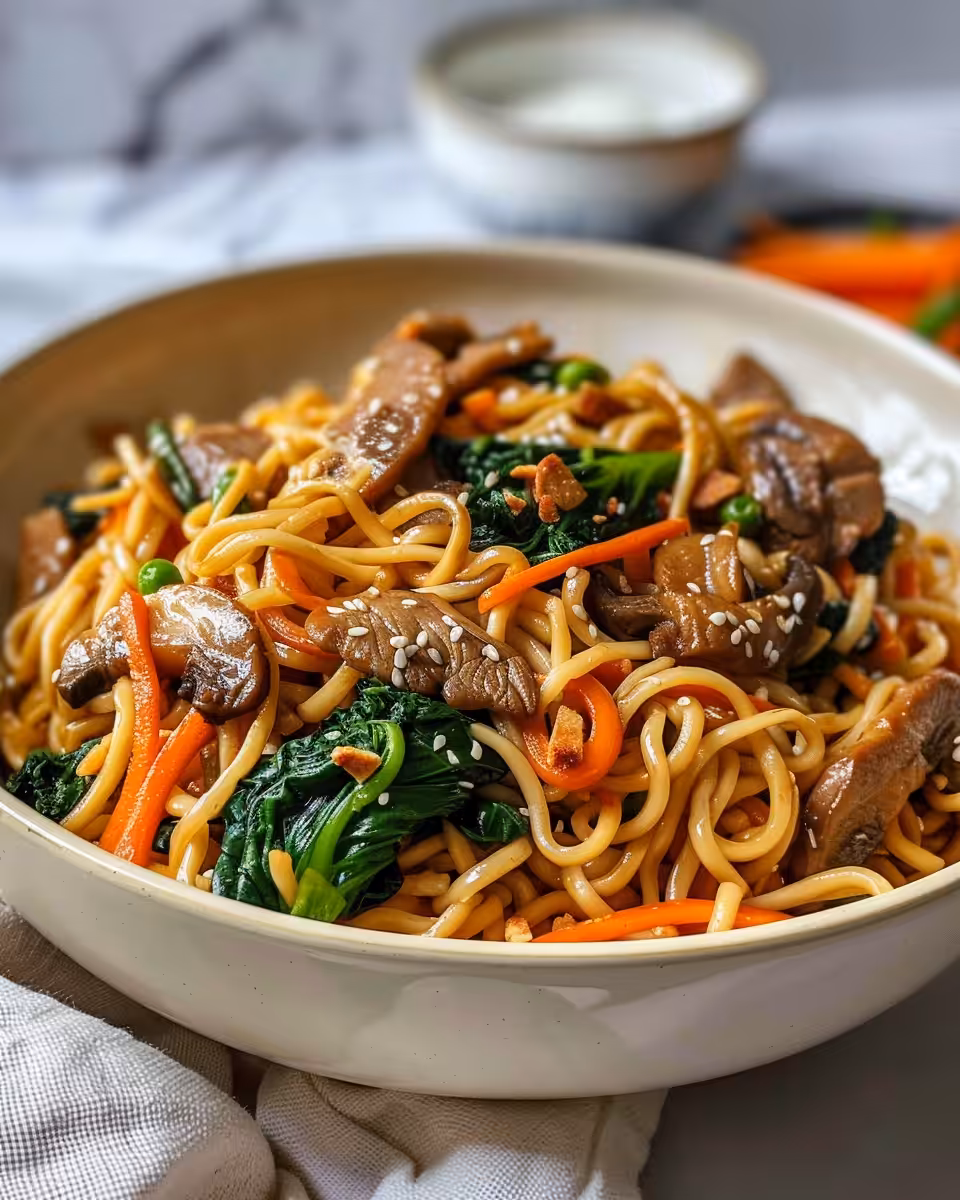 Fresh vegetables and ingredients for vegetable lo mein in a bowl