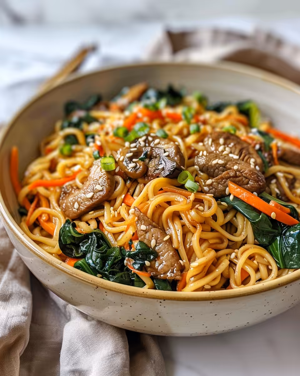 Close-up of cooked vegetable lo mein showing glossy sauce and vegetables