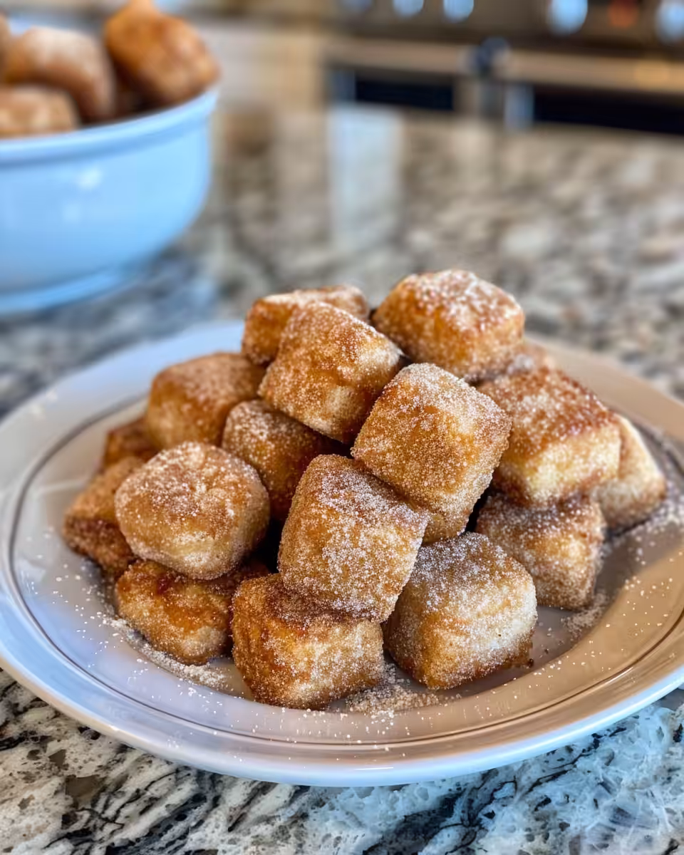 Final plated churro bites dusted with cinnamon sugar, ready to serve