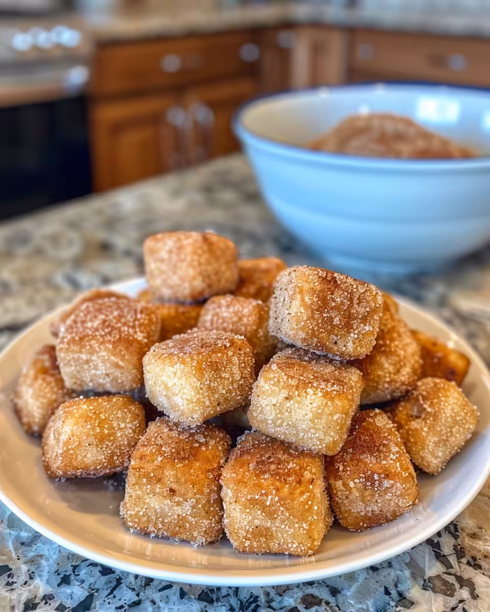 Close-up of freshly baked churro bites with cinnamon sugar dusting