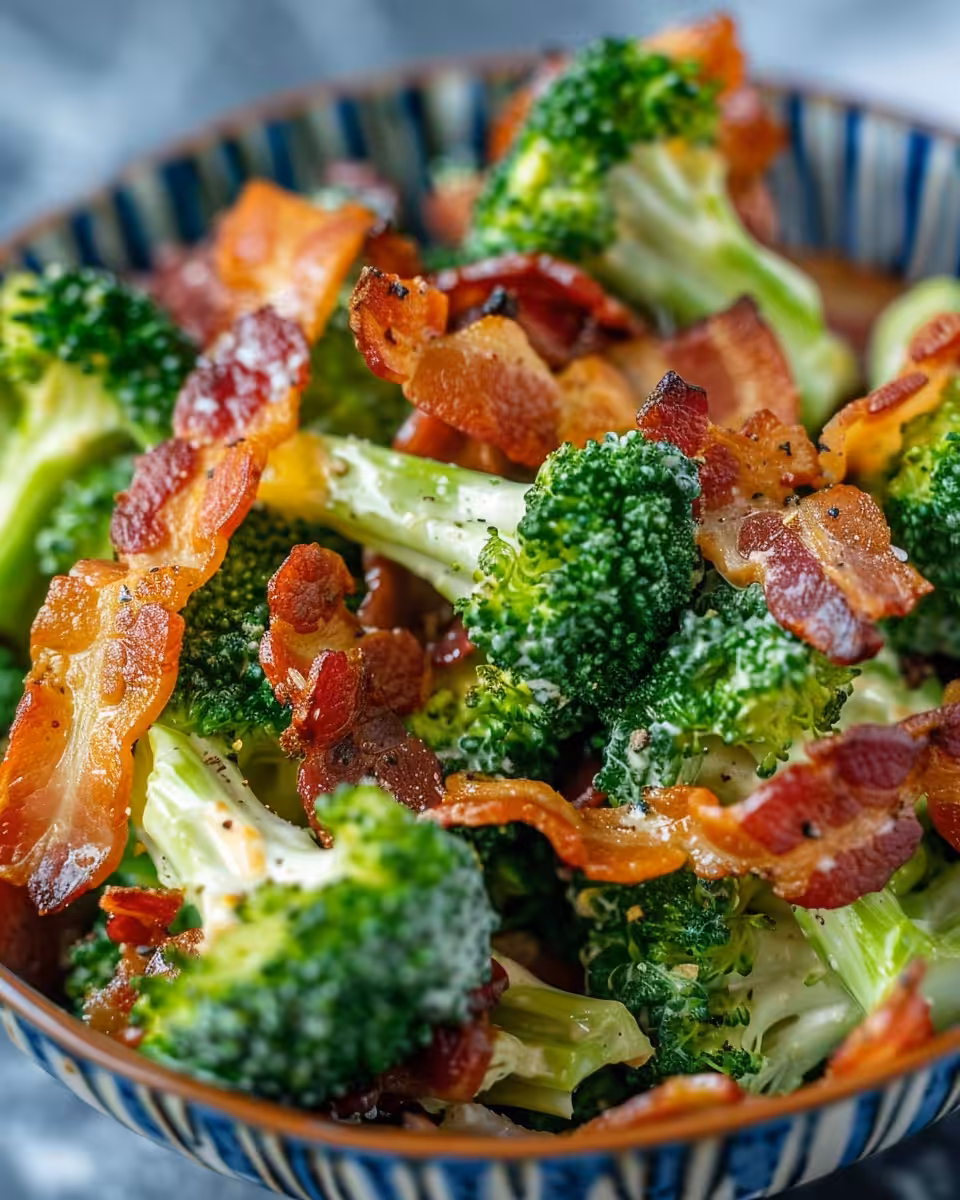 Ingredients for broccoli bacon salad prepared in bowls