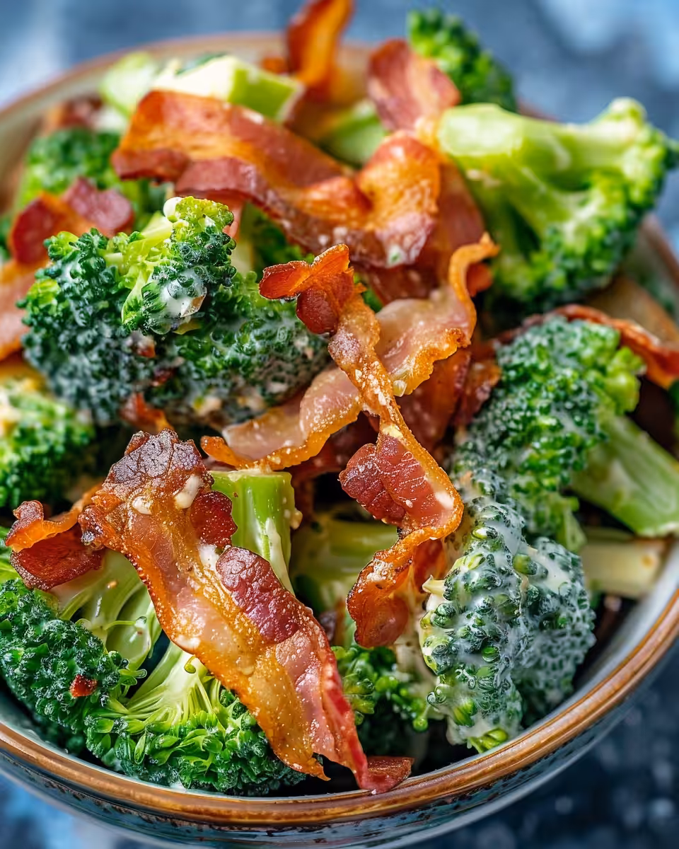 Final broccoli bacon salad served chilled and garnished