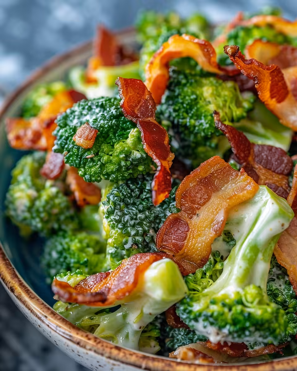Fresh broccoli bacon salad in bowl with creamy dressing