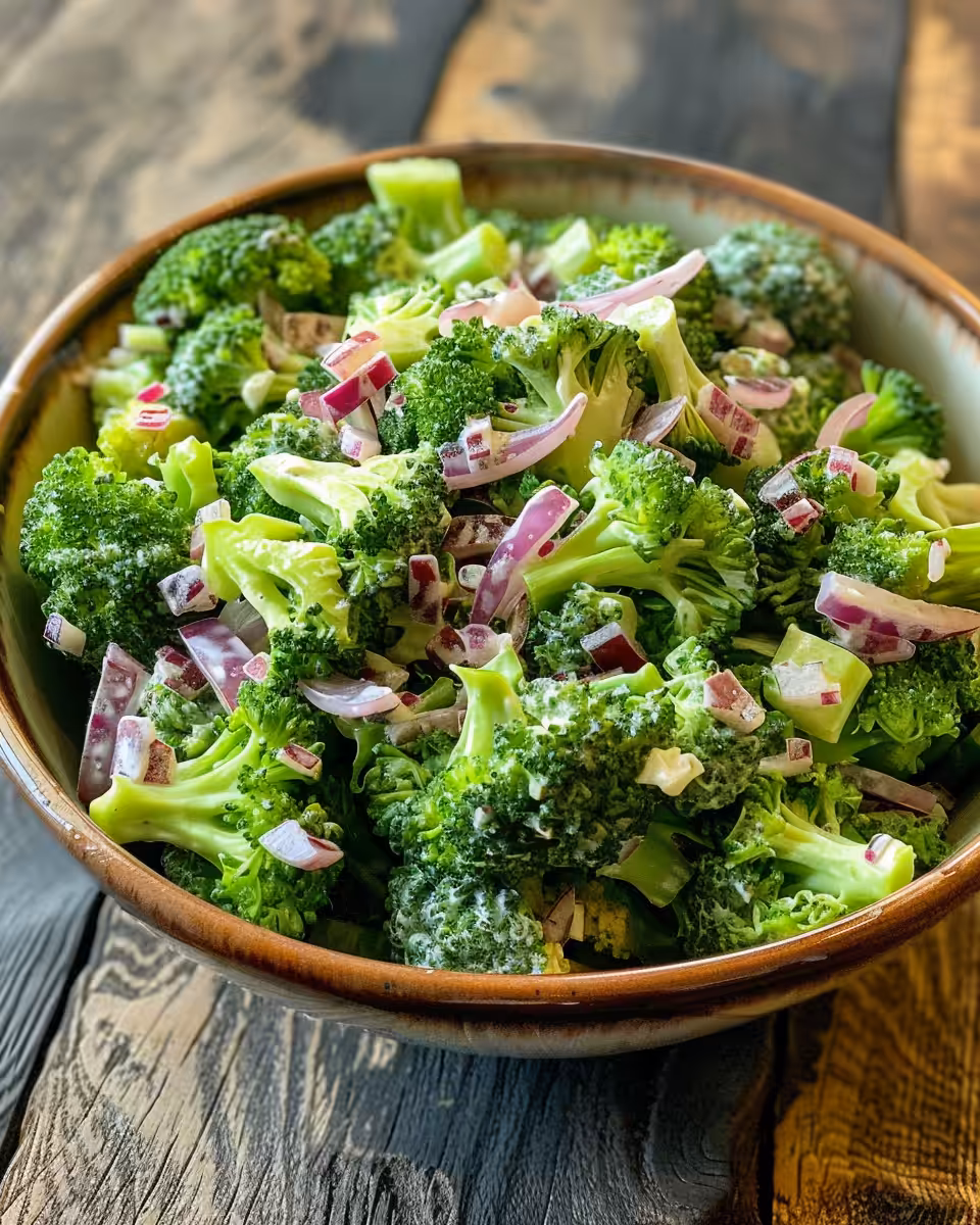 Plated broccoli salad showing creamy dressing and fresh crispy texture