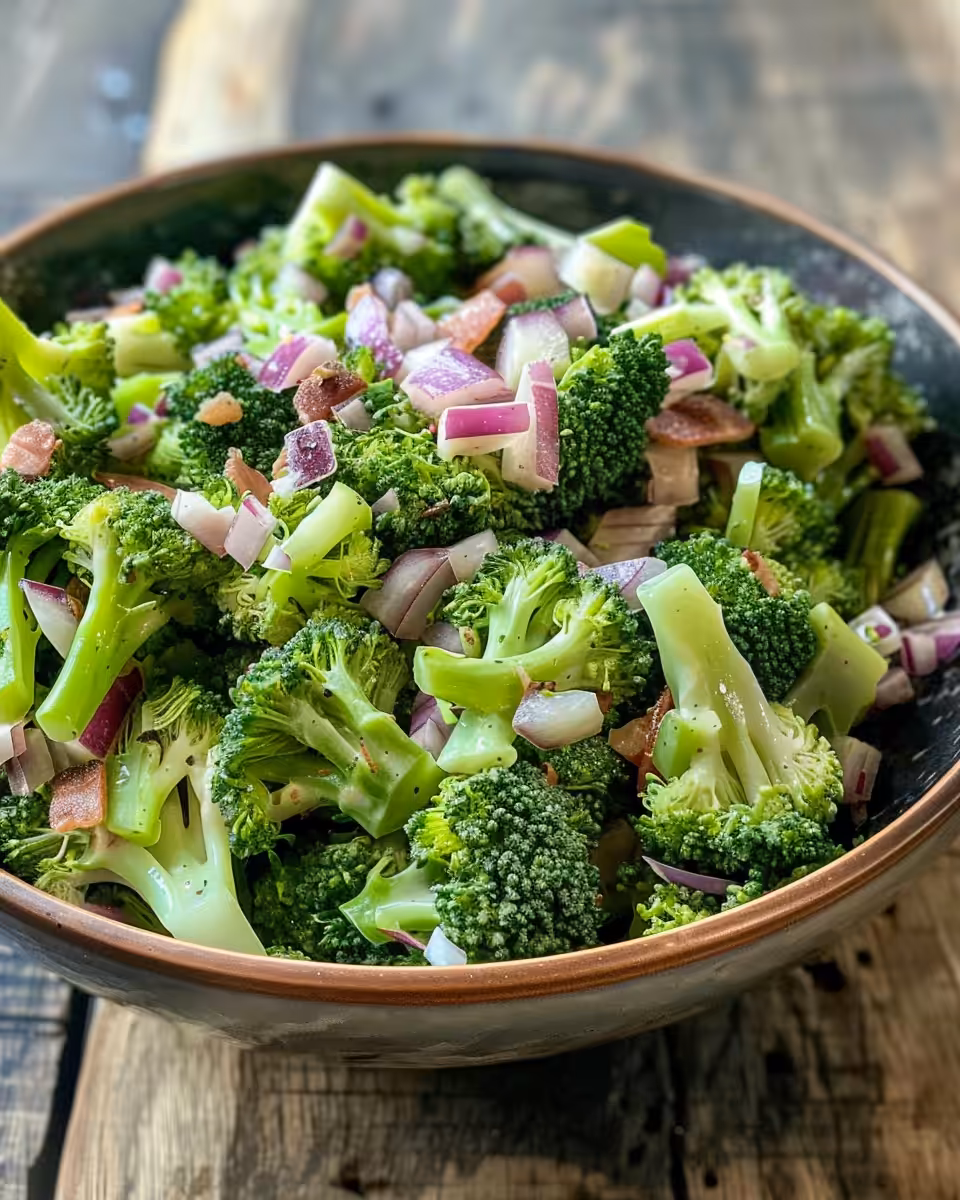 Fresh homemade broccoli salad in a bowl with cranberries and bacon