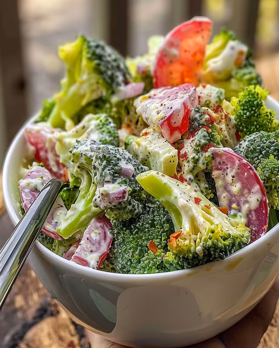 Finished broccoli salad tossed and ready to serve
