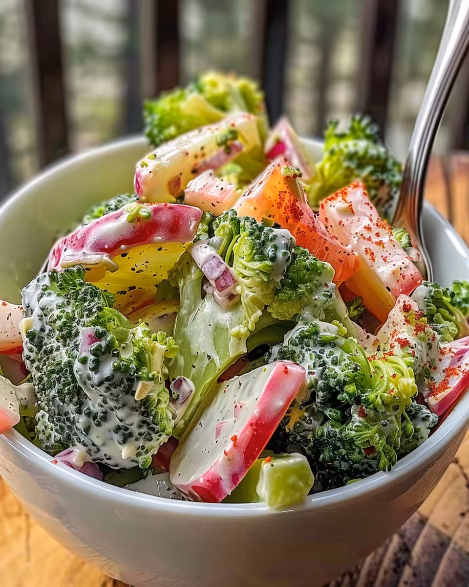 Close up of fresh broccoli salad ready to serve with bacon and cranberries