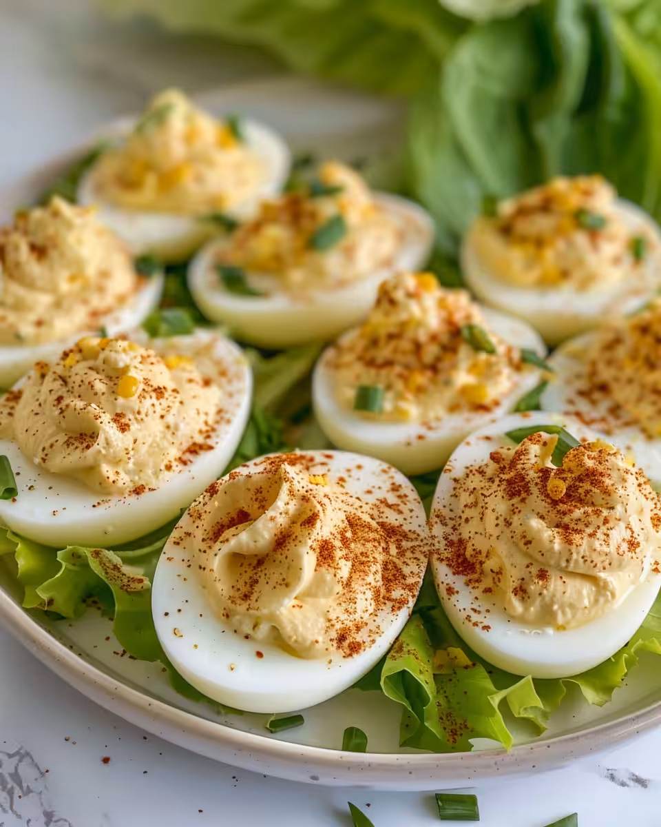 Close up of Caesar salad deviled eggs showing creamy filling and pepper topping