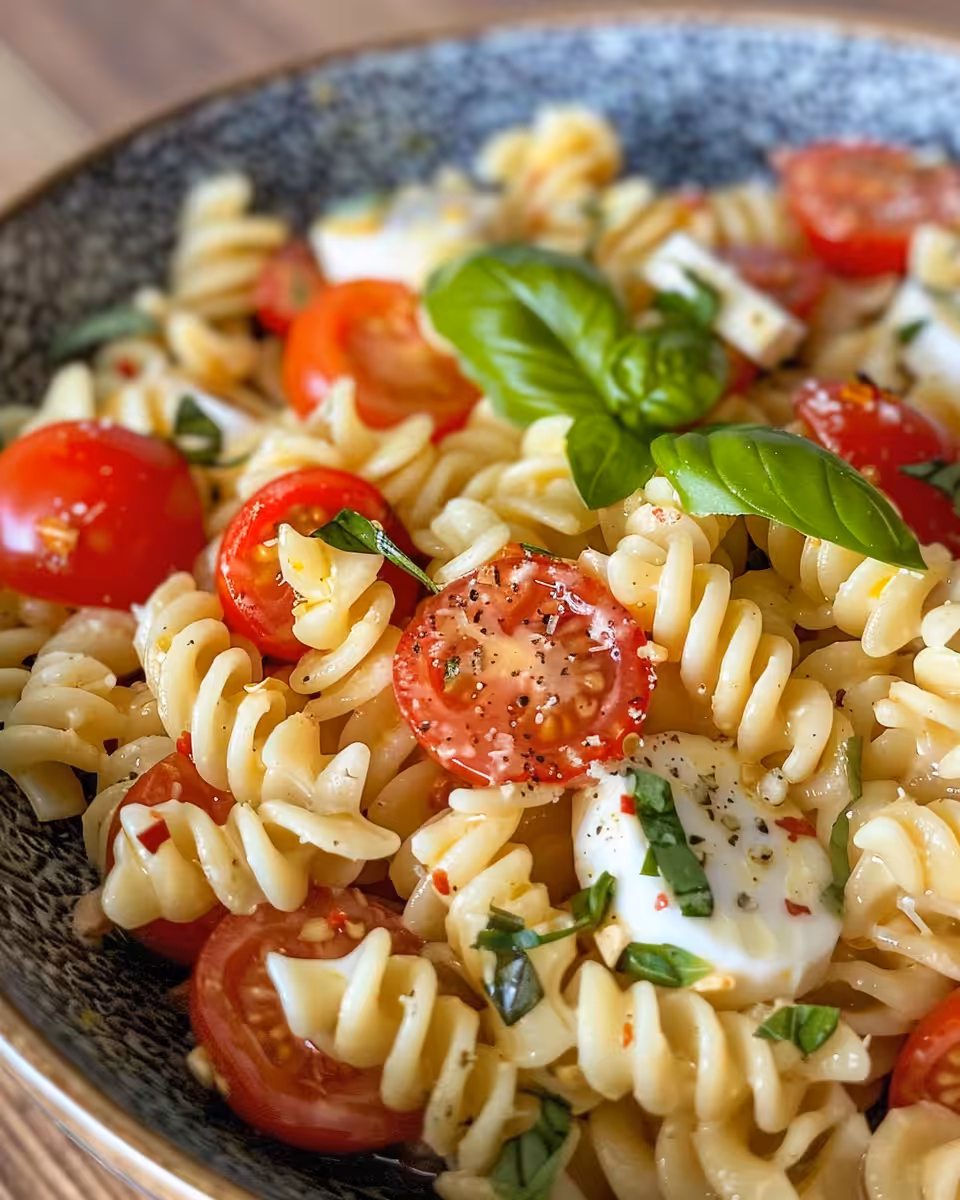 Ingredients for Caprese pasta salad including cherry tomatoes, mozzarella, and basil