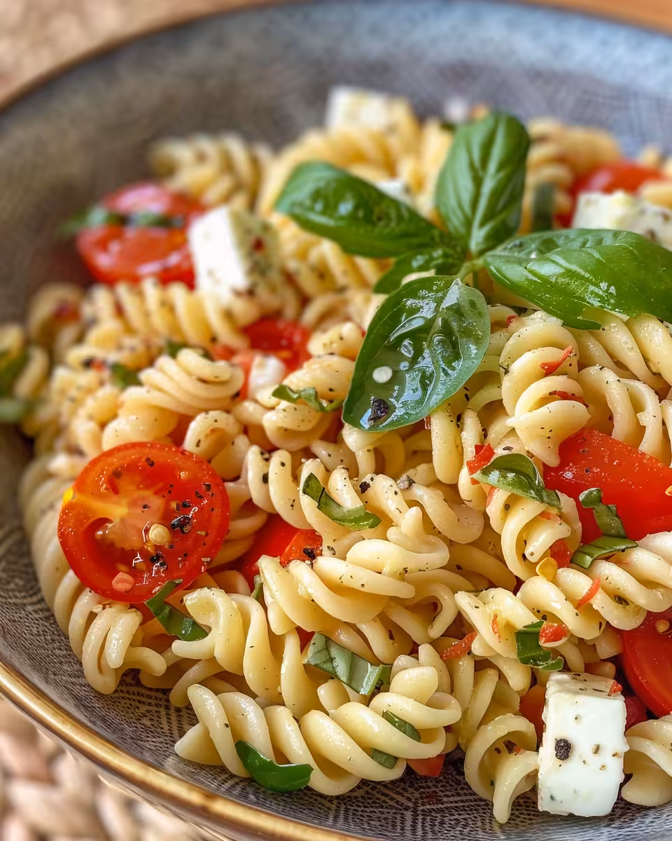 Final Caprese pasta salad served in colorful bowl
