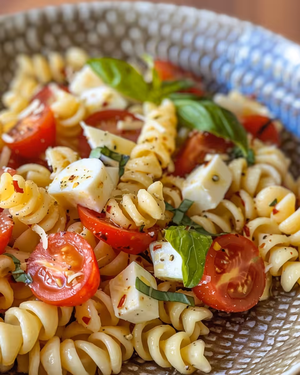 Pressure cooker with Caprese pasta salad steaming inside