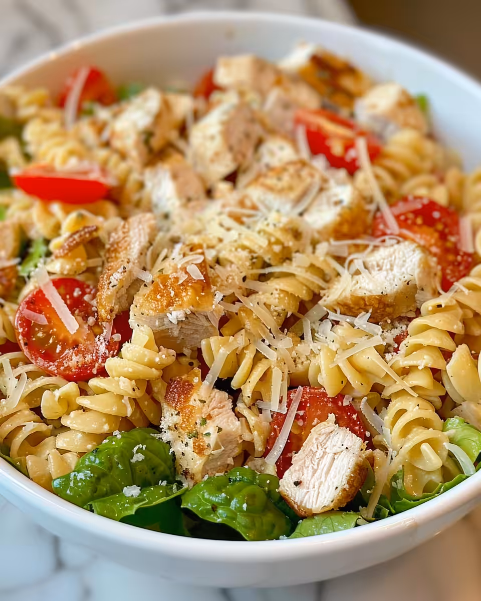 Ingredients for chicken Caesar pasta salad including chopped lettuce and pasta