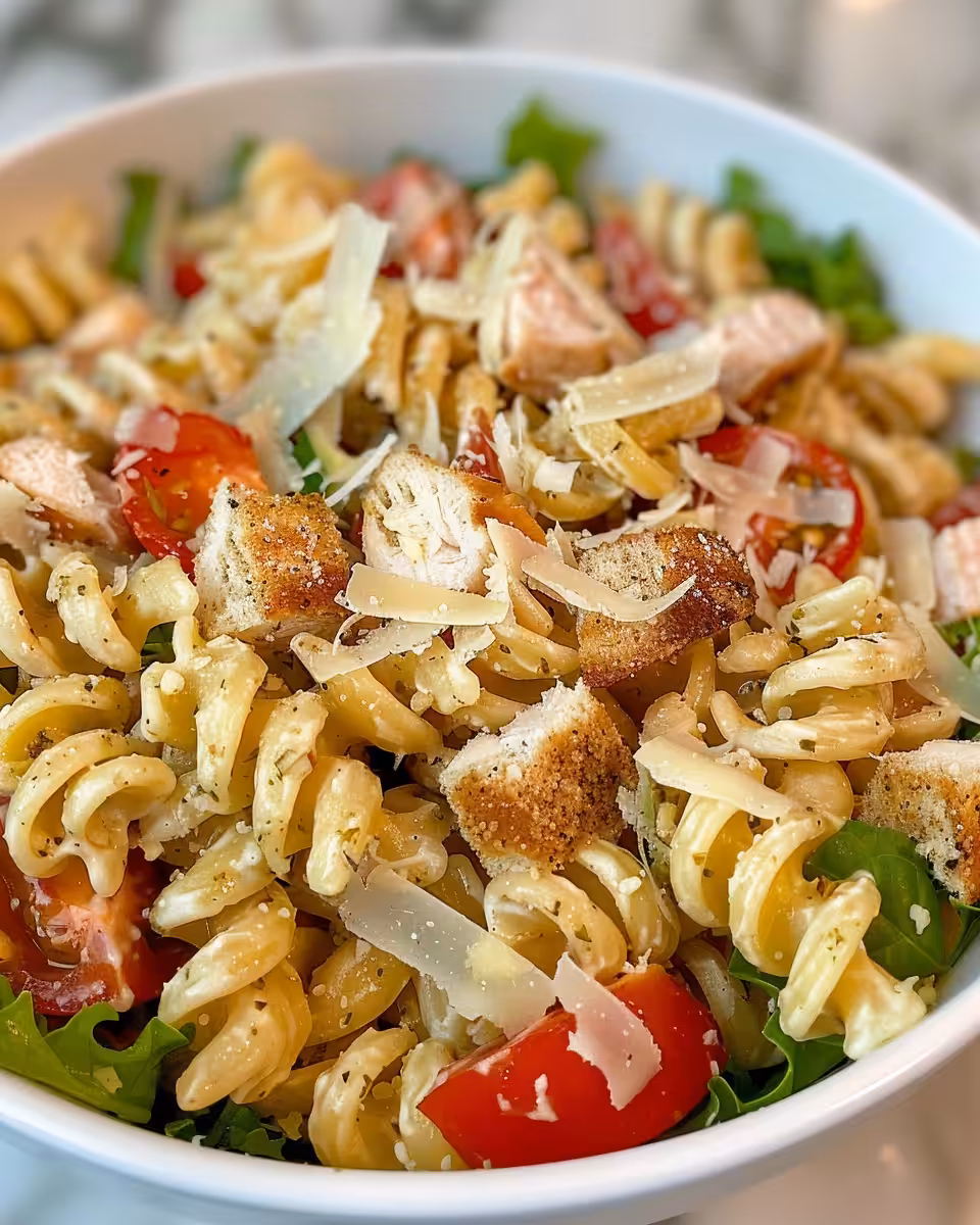 Bowl of chicken Caesar pasta salad ready for dressing