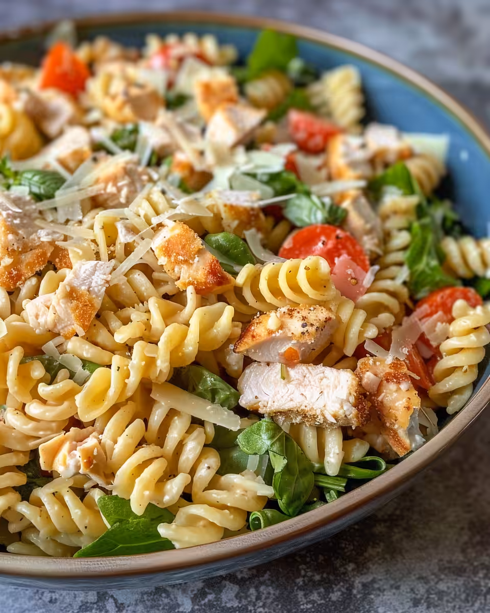Prepared chicken Caesar pasta salad with creamy dressing