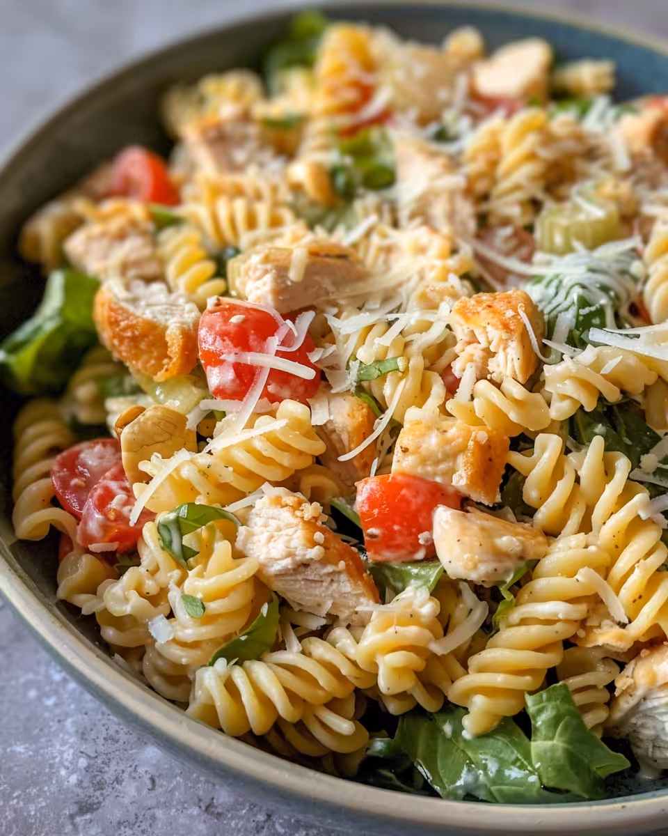 Ingredients for chicken Caesar pasta salad including pasta, chicken, lettuce, and cheese