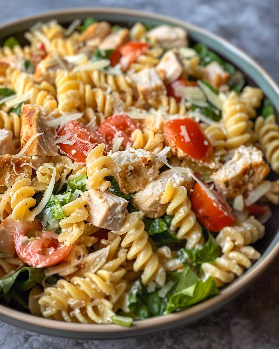 Final plated chicken Caesar pasta salad ready to serve