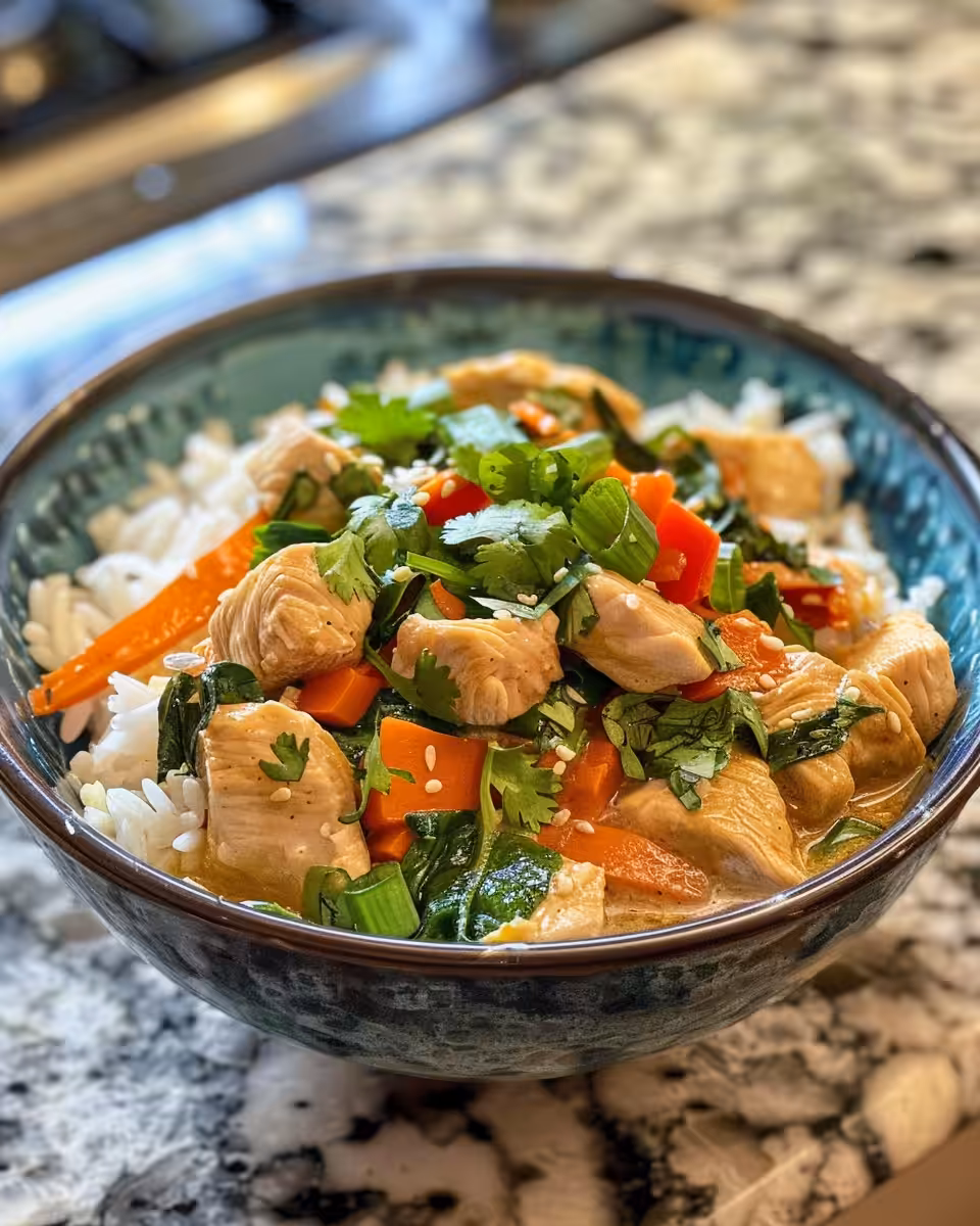 Finished crispy coconut chicken rice bowl with fresh veggies and garnishes