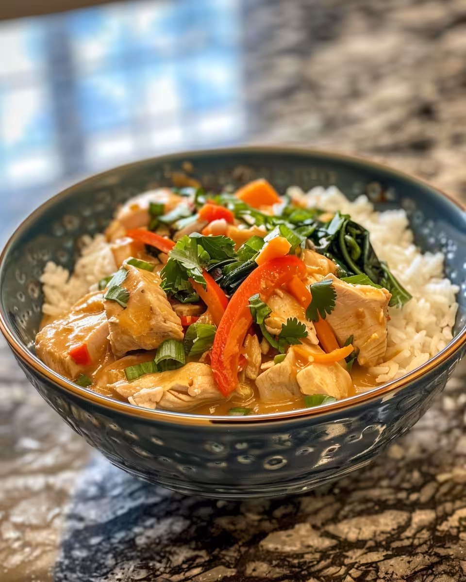 Steam rising from coconut chicken rice bowl in pressure cooker