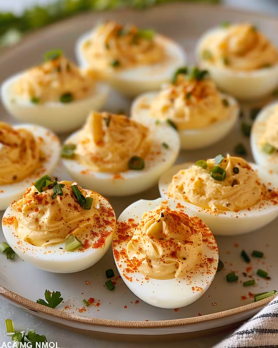 Final plated creamy Cajun deviled eggs with cayenne and green onions
