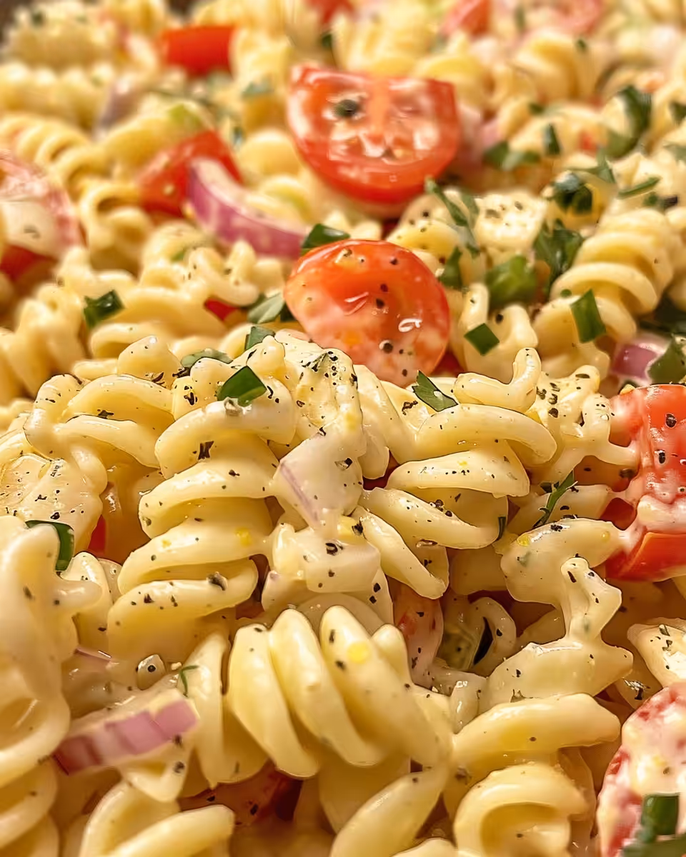 Ingredients for creamy pasta salad including bacon, peas, and parmesan
