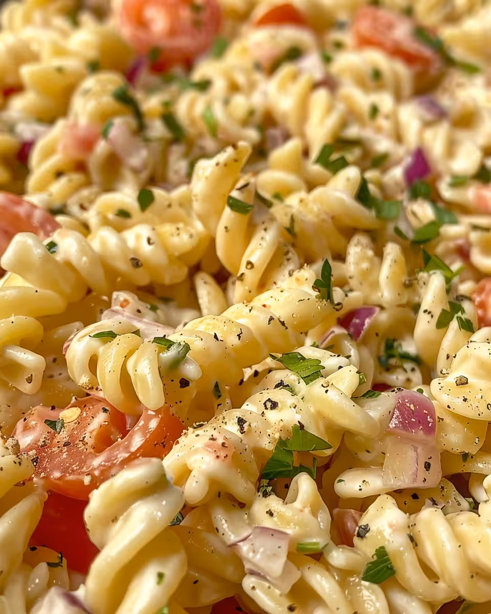 Final creamy pasta salad plated and ready to serve