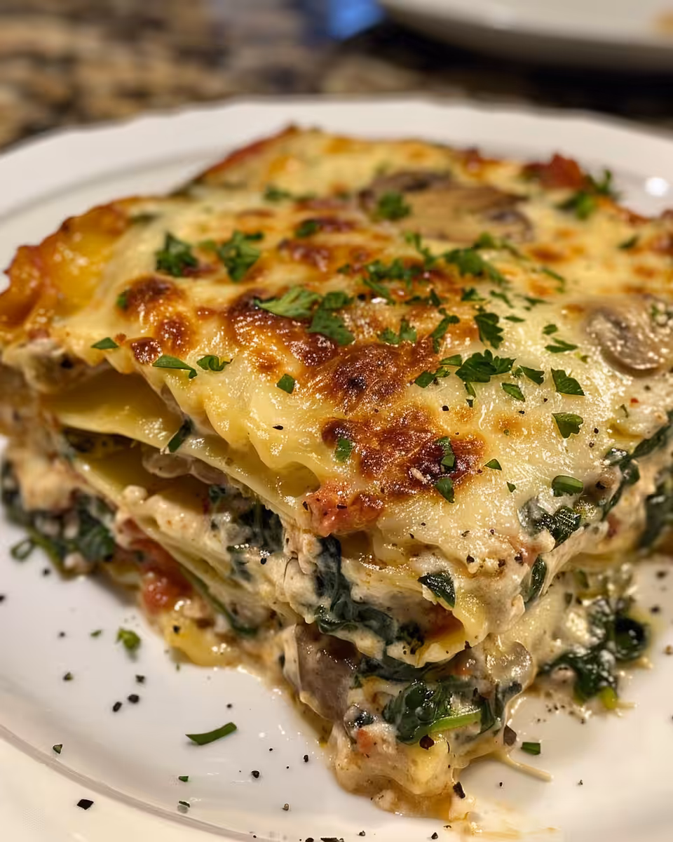 Ingredients spread for creamy spinach and mushroom lasagna including cheese, mushrooms, and spinach