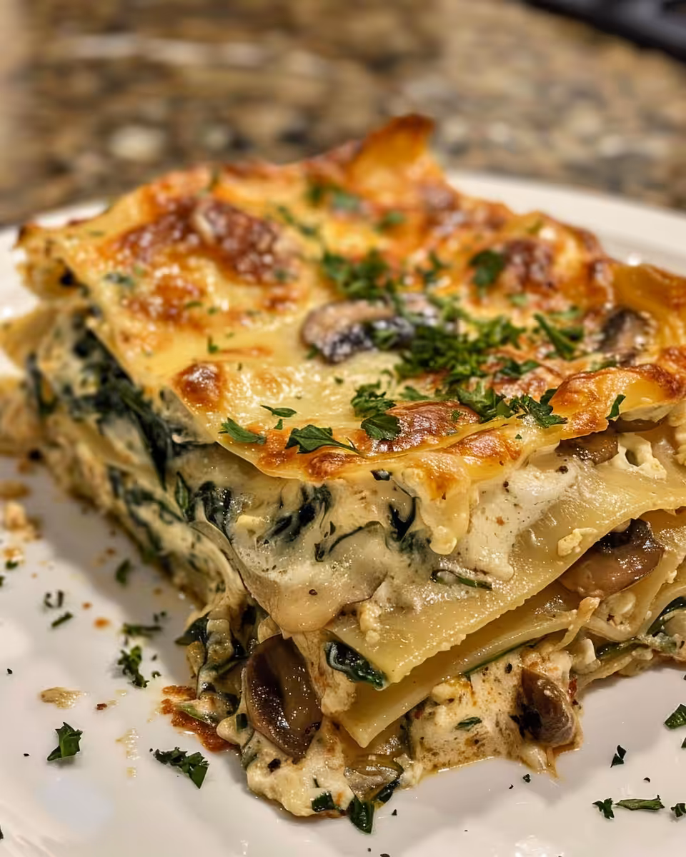 Final creamy spinach and mushroom lasagna plated and ready to serve