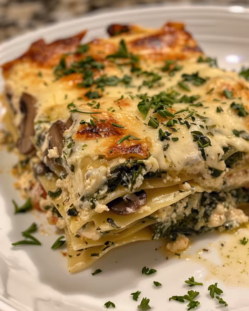Creamy spinach and mushroom lasagna cooking in pressure cooker, steam and aroma rising