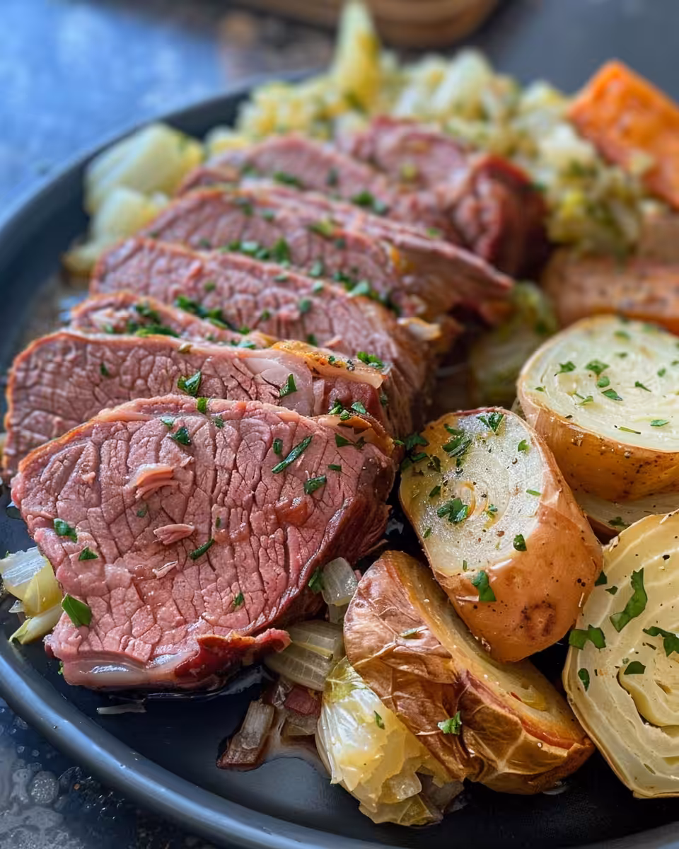 Ingredients for corned beef and cabbage arranged before cooking in slow cooker