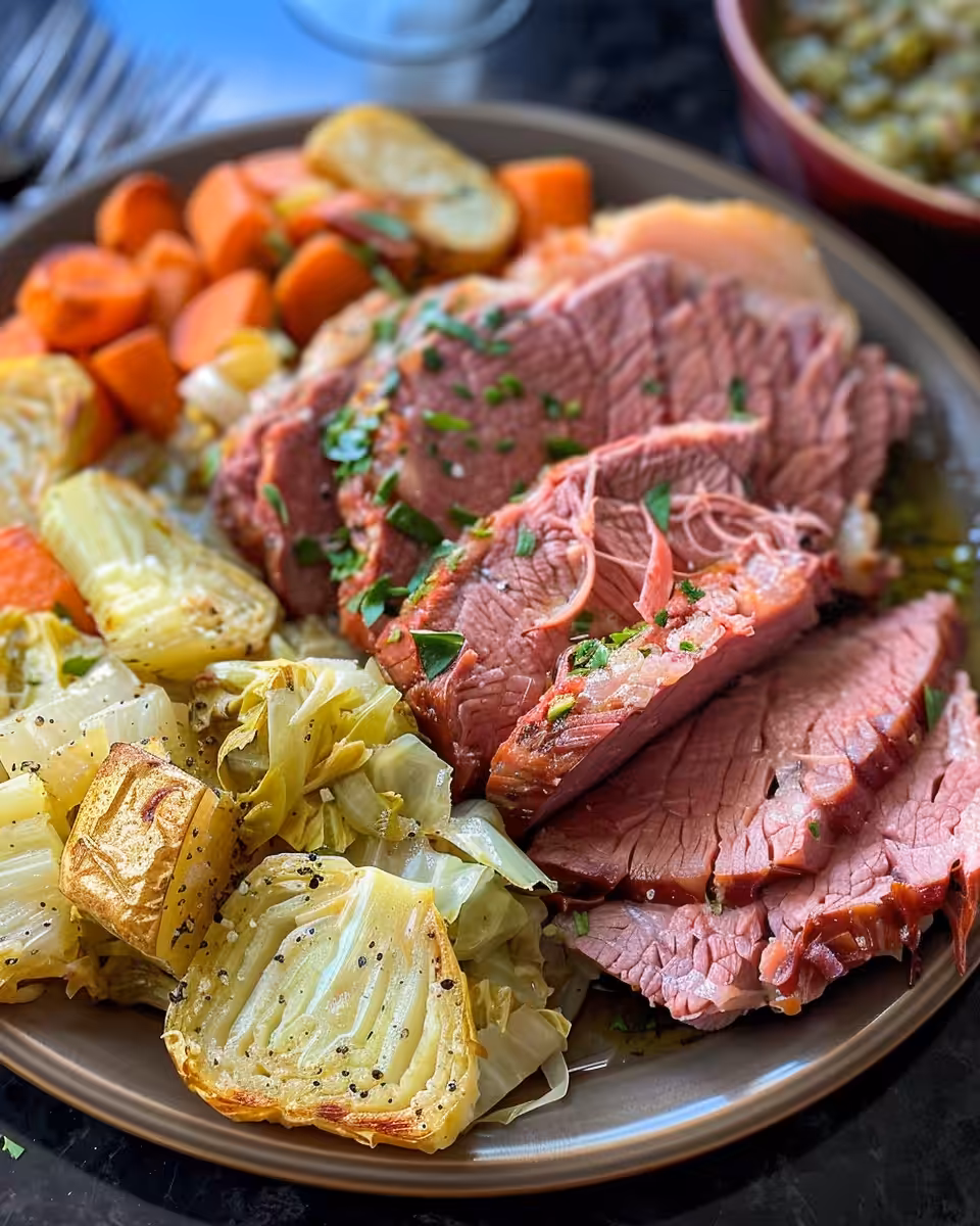 Plated corned beef and cabbage meal ready to serve