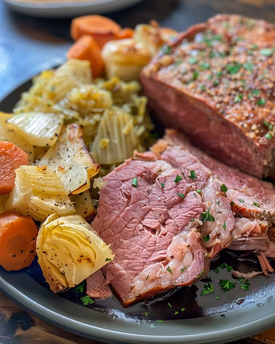 Pressure cooker with corned beef and cabbage cooking, valve releasing steam
