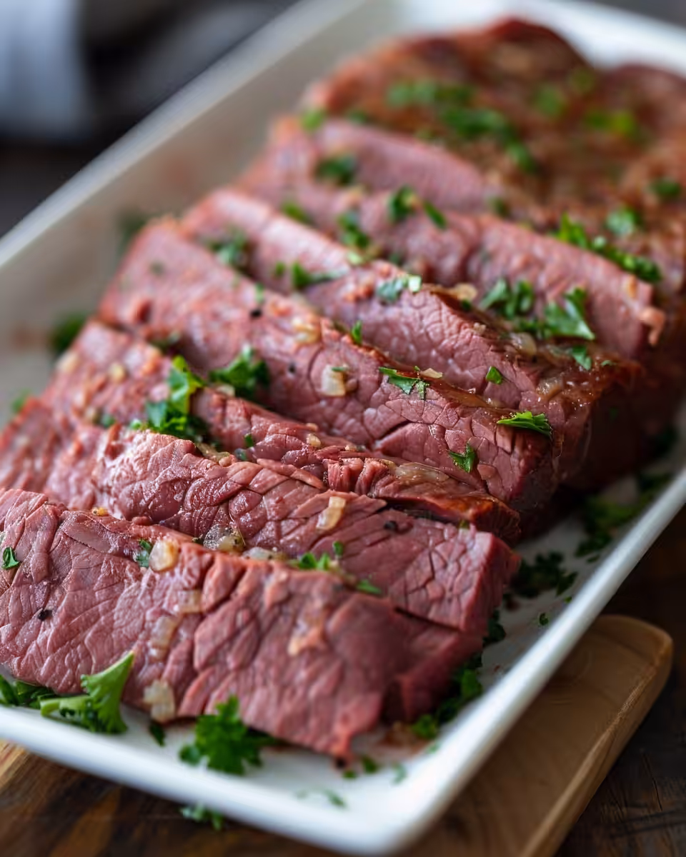 Sliced slow cooked corned beef served with cabbage and carrots
