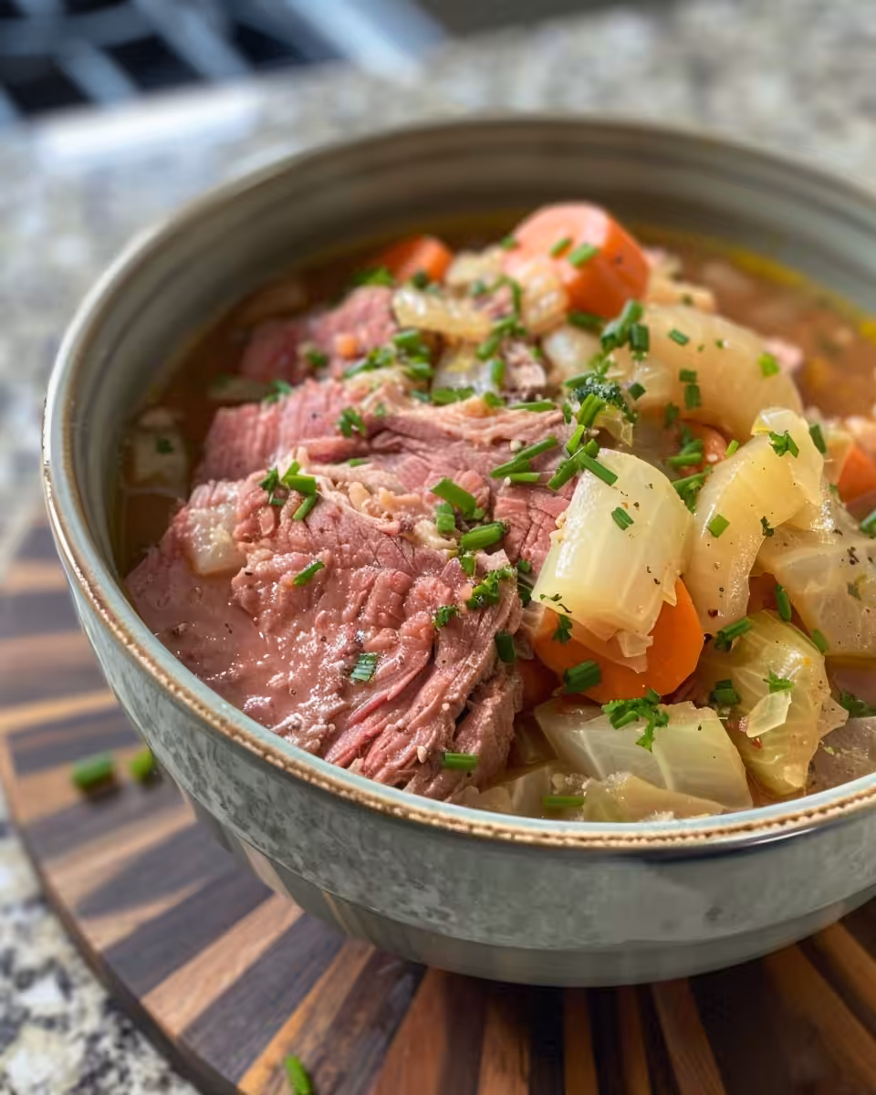 Slow cooker corned beef ingredients including beef, cabbage, potatoes, and carrots