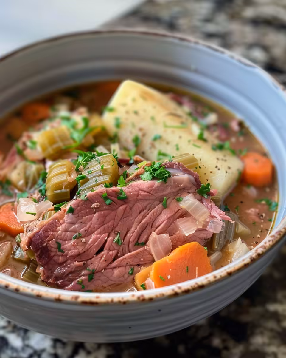 Finished plated corned beef and cabbage meal ready to serve and enjoy