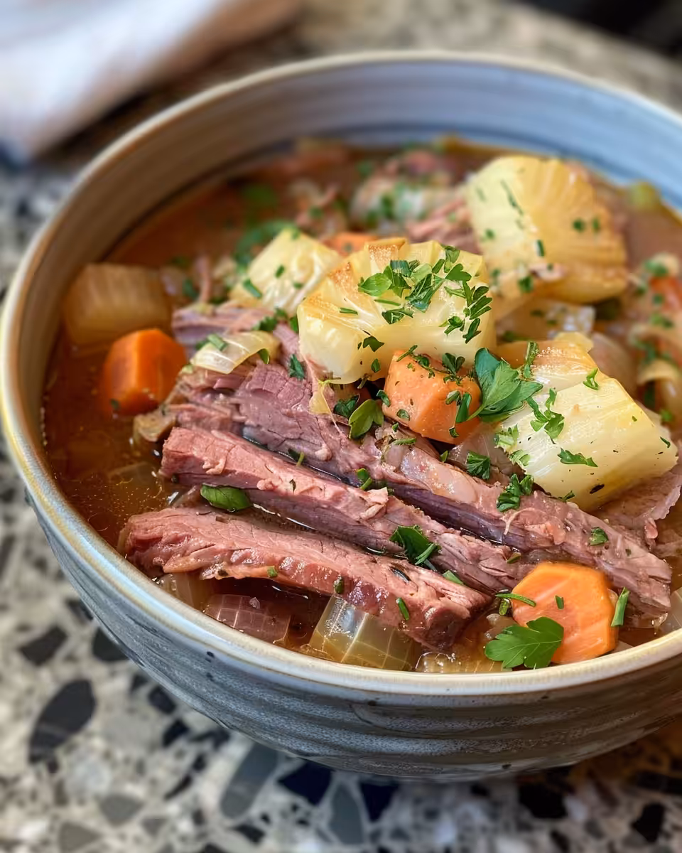 Steaming corned beef and cabbage in slow cooker signaling comfort meal
