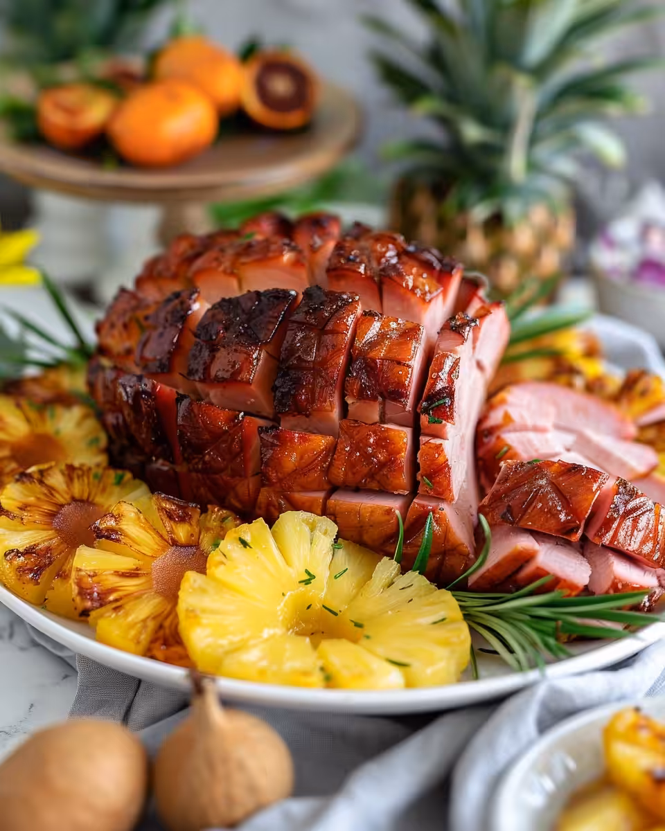 Glazed ham sliced and served with pineapple rings and cherries