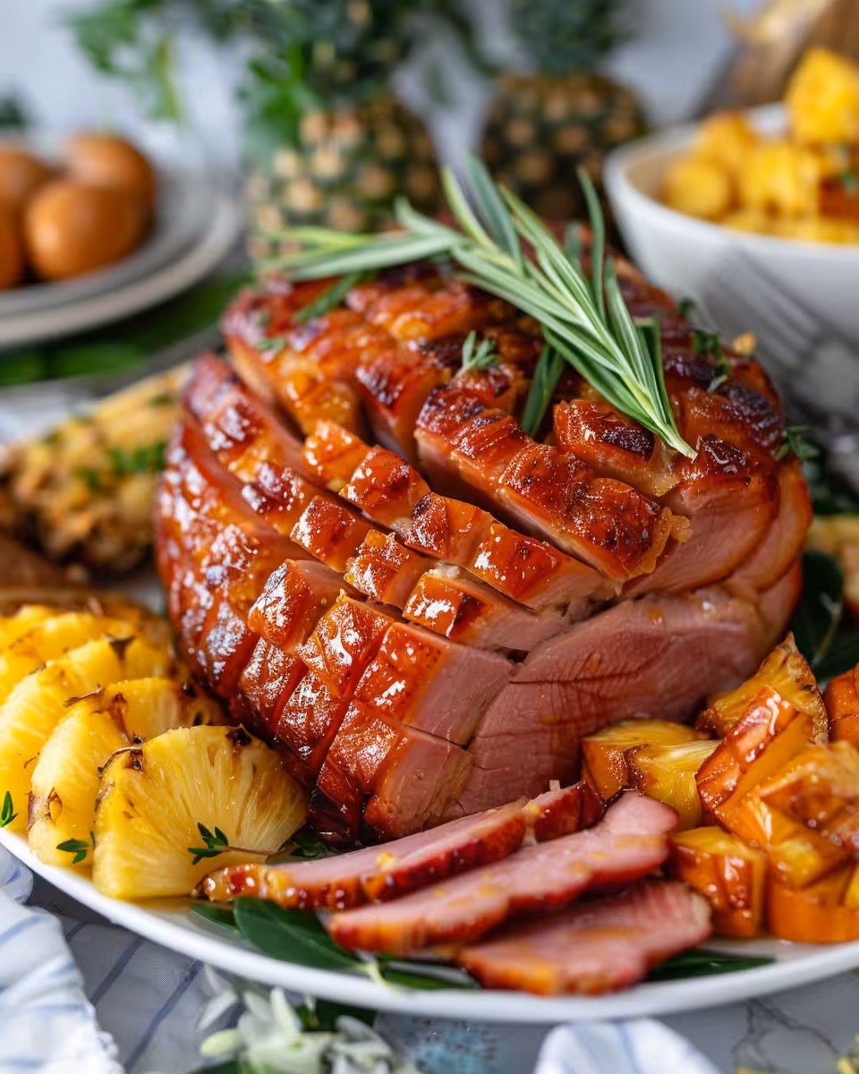 Close up of pineapple honey glazed ham steaming and cooking