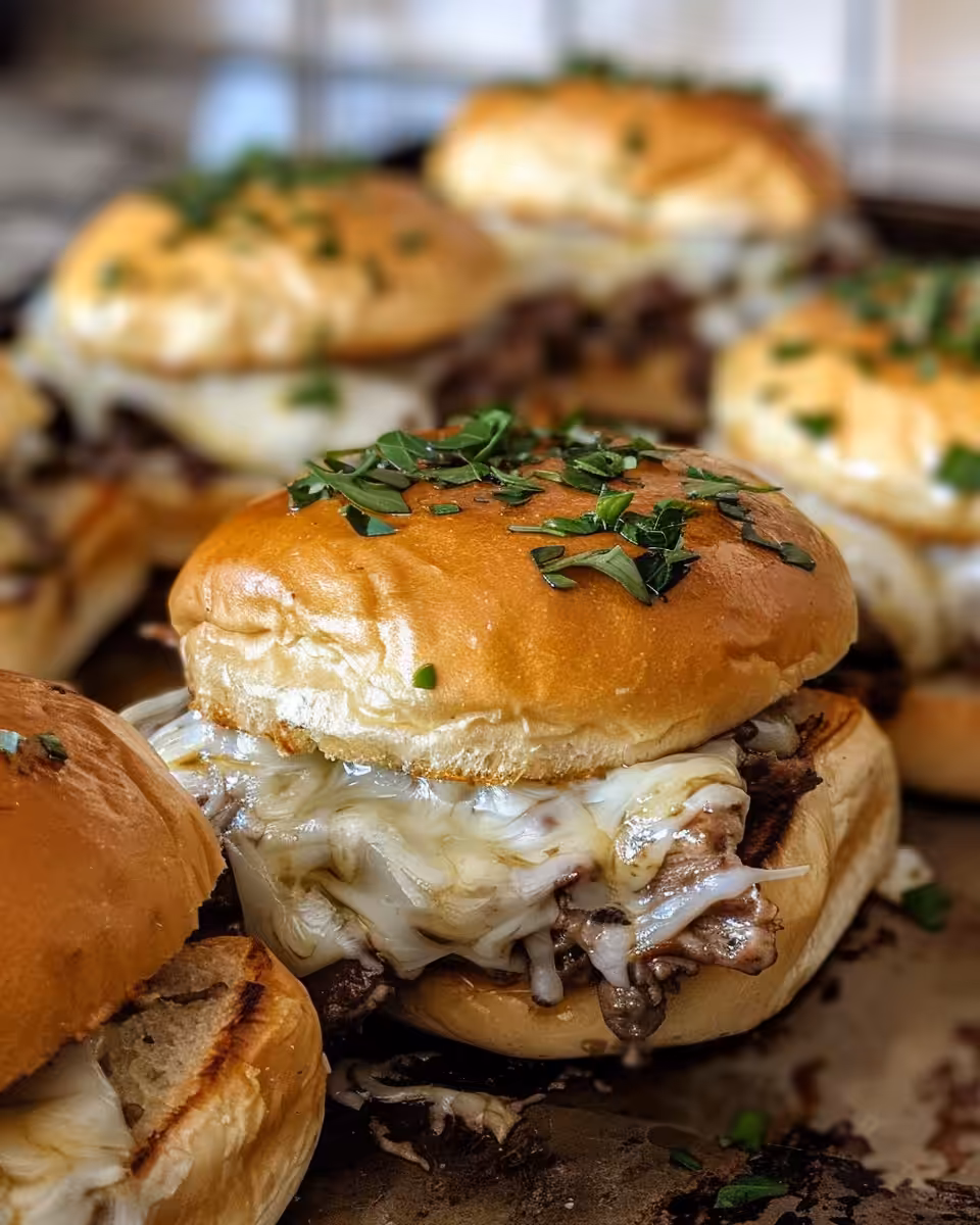 Serving of French Dip Sliders with honey garlic chicken and crispy potato wedges