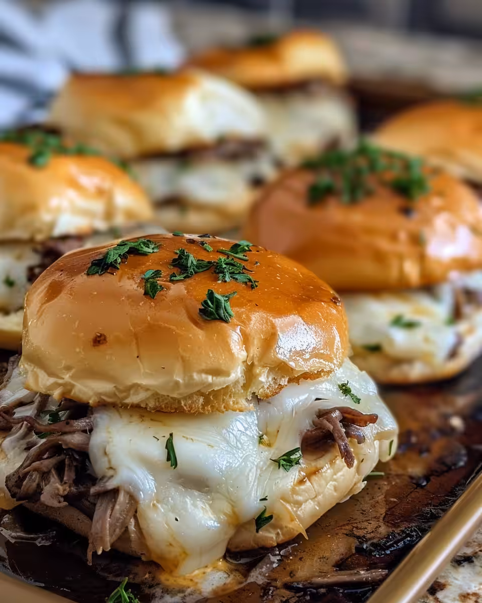 Close-up of French Dip Sliders with crisp onions and melted cheese