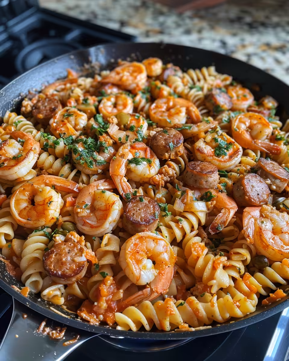 Ingredients of garlic butter shrimp pasta with tomatoes arranged on kitchen counter
