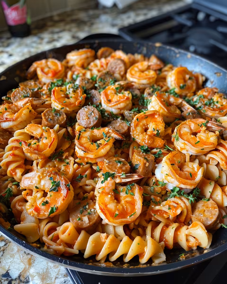 Final plated garlic butter shrimp pasta with tomatoes, garnished and ready to enjoy